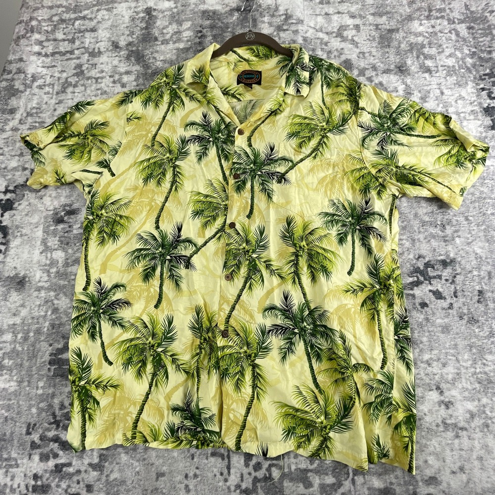 Vtg Hawaiian Reserve Mens L Aloha Shirt 90s Tropical Palm Rayon Cream‎ Green